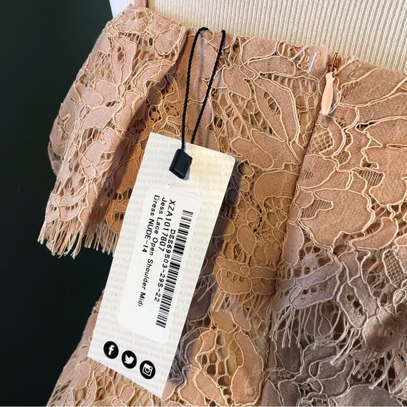 Jess lace open shoulder midi dress , pencil cut, nude by boohoo - Picture 5 of 6